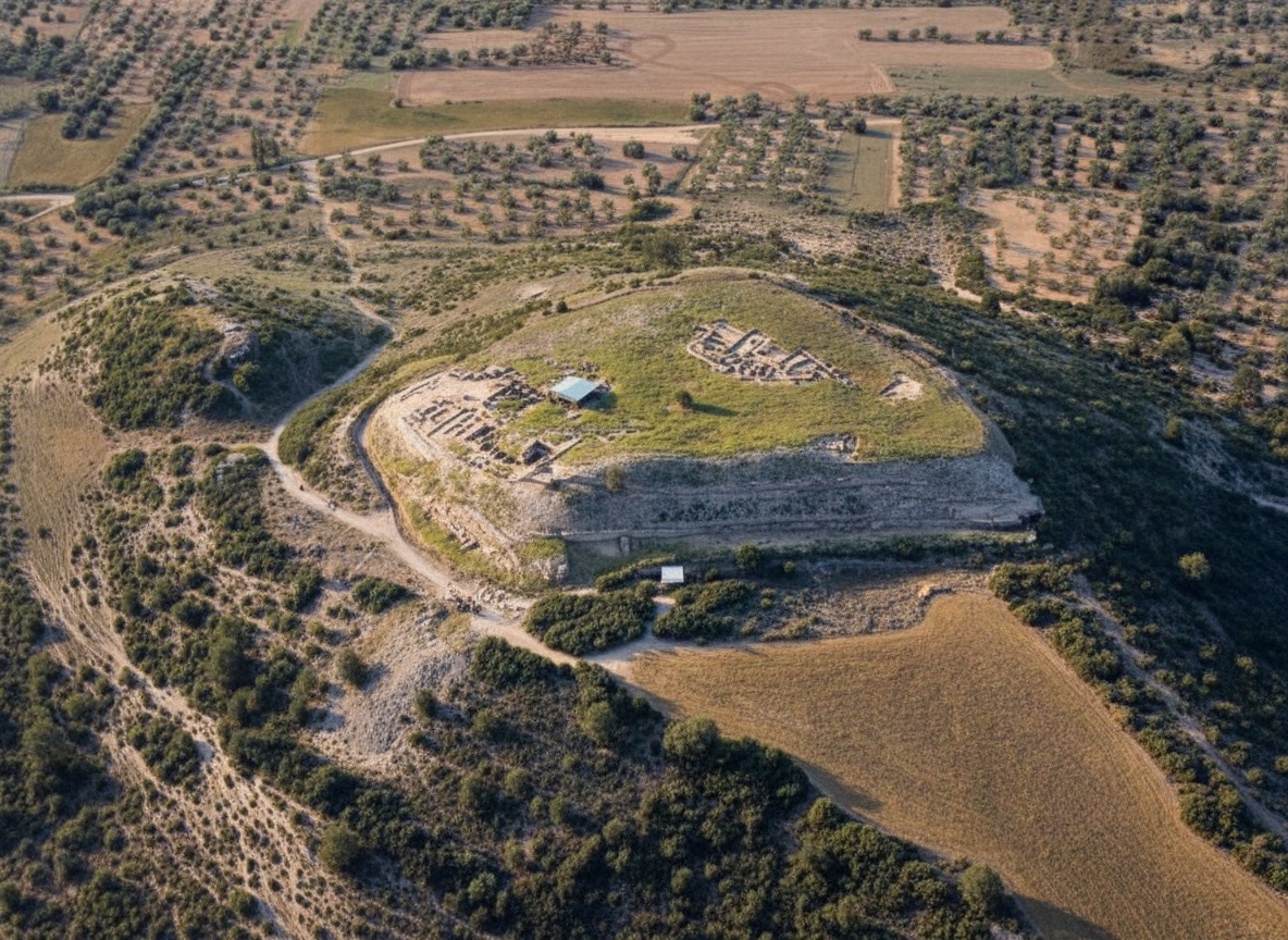 Panorama aéreo de colina con restos arqueológicos
