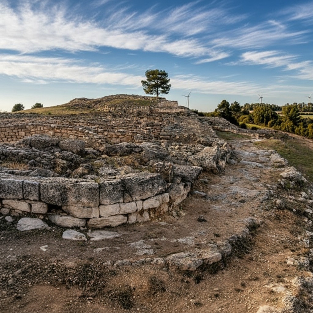 Restos de viviendas de piedra junto a un árbol solitario